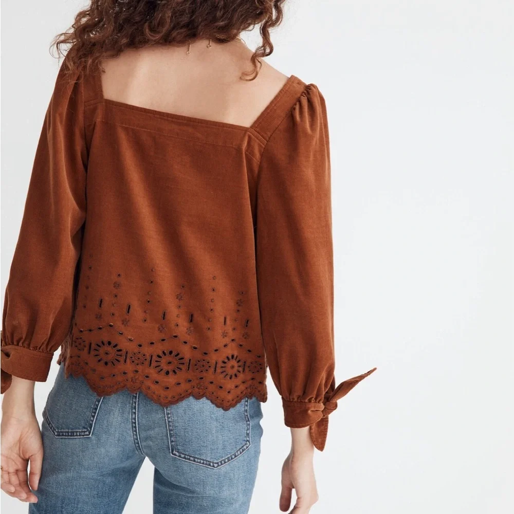 Madewell Embroidered Eyelet Corduroy Tie-Sleeve Top Small Rust Color Scalloped - Picture 3 of 7